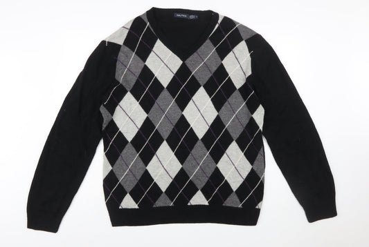 Nautica Men’s Black Argyle V-Neck Wool Blend Jumper XL
