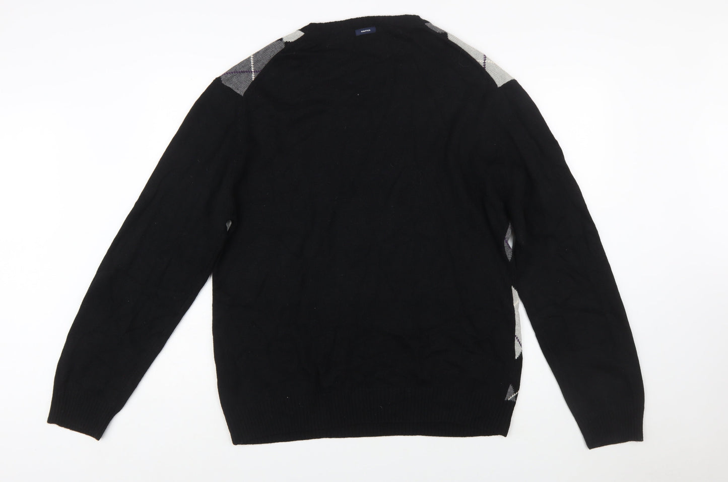 Nautica Men’s Black Argyle V-Neck Wool Blend Jumper XL
