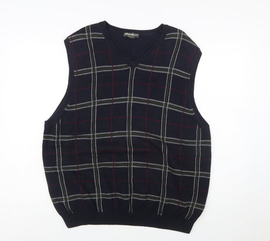 Eddie Bauer Men's Blue Check Cotton V-Neck Sleeveless Vest XL