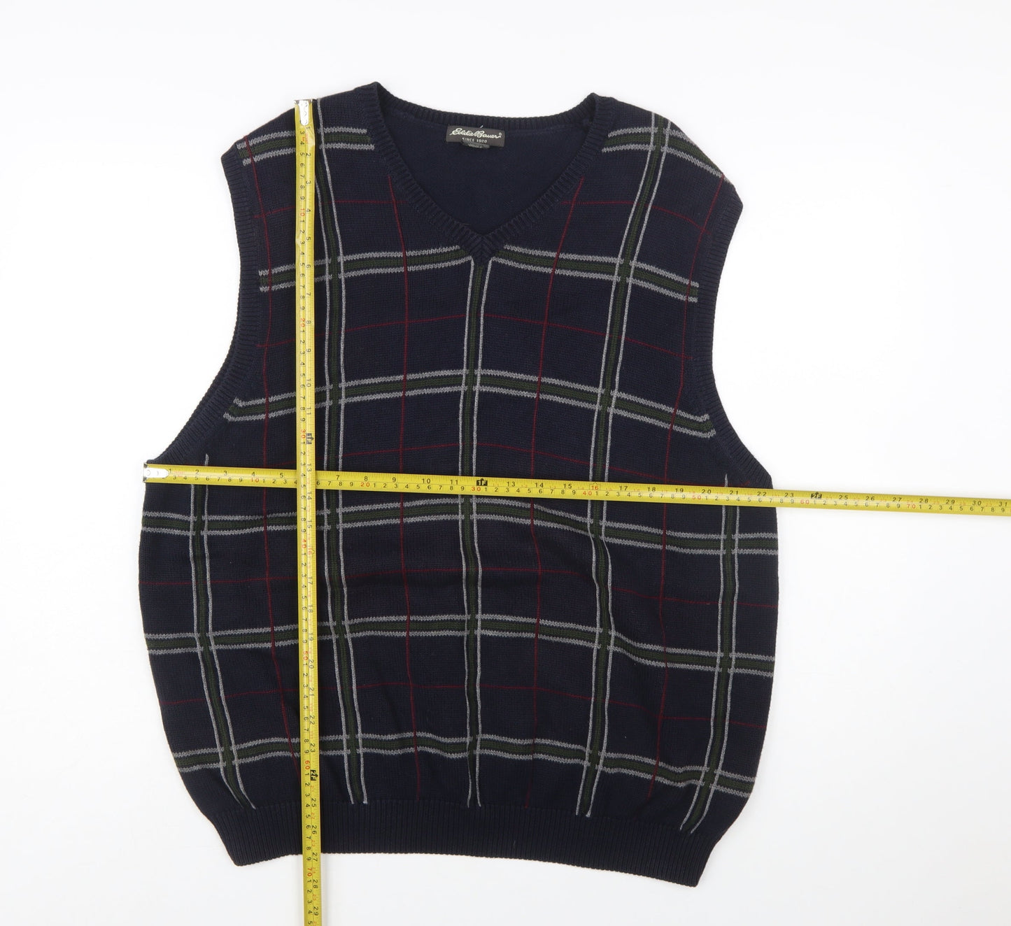 Eddie Bauer Men's Blue Check Cotton V-Neck Sleeveless Vest XL