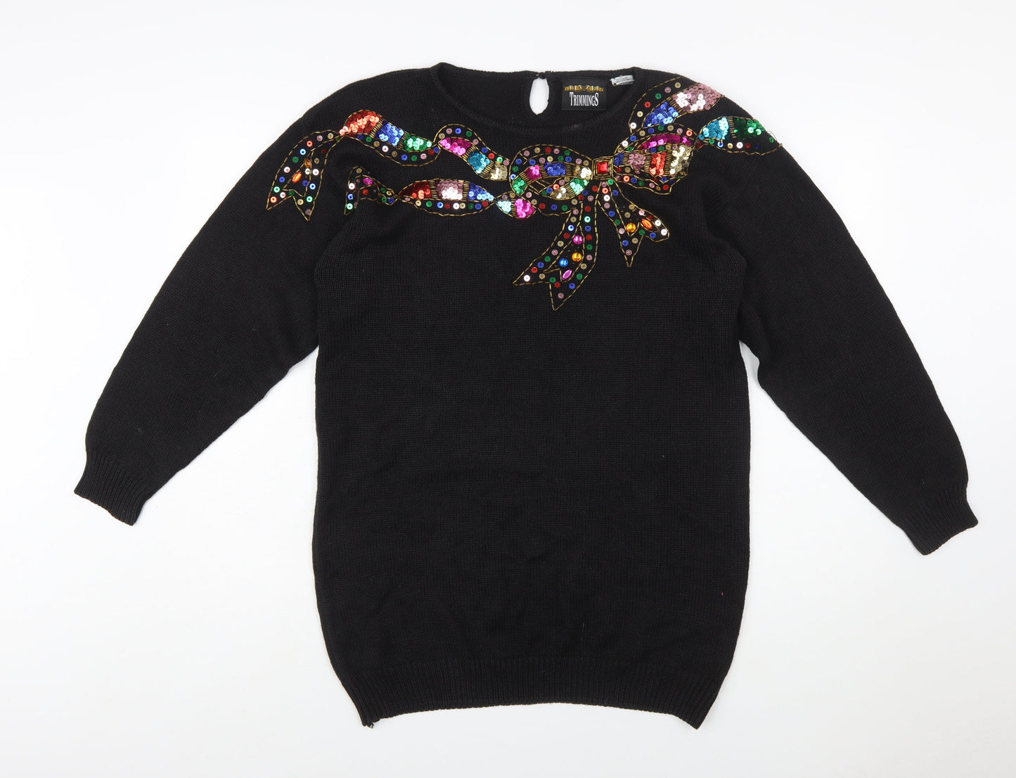 Trimmings Womens Black Sequin Bow Pullover Jumper Size S