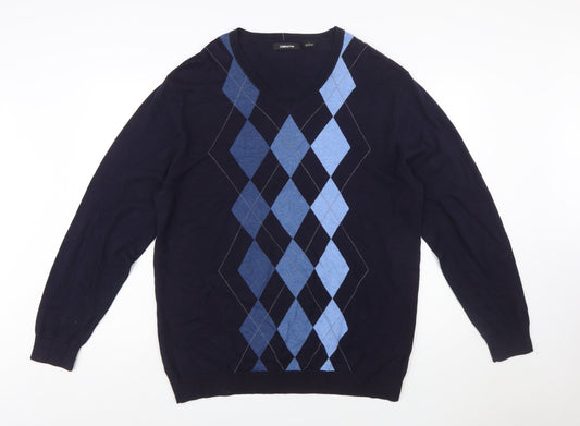 Claiborne Men's Blue Argyle V-Neck Cotton Jumper Size L