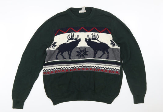 Dockers Men's Green Reindeer Cotton Fair Isle Jumper Size L