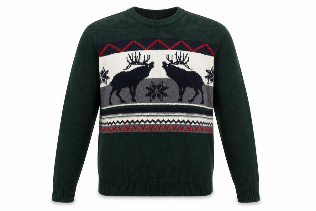 Dockers Men's Green Reindeer Cotton Fair Isle Jumper Size L