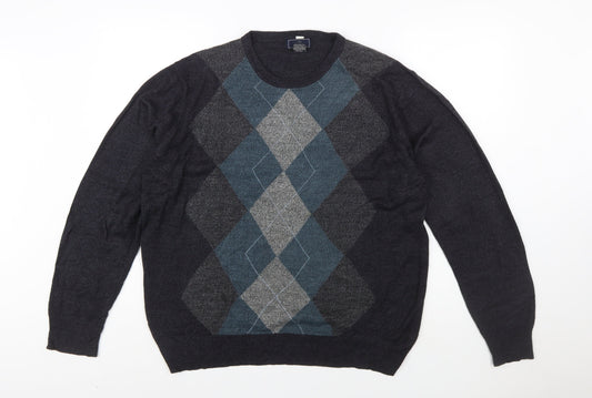 Dockers Men's Grey Argyle Acrylic Crew Neck Jumper Size L