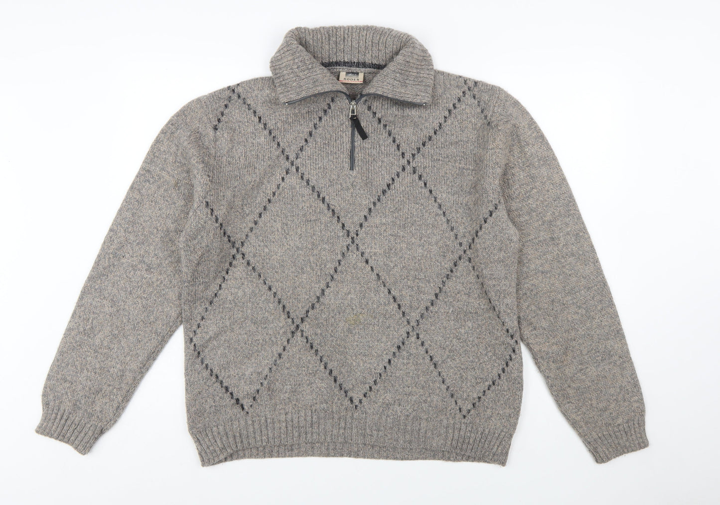 Rodes Sportswear Men's Grey Argyle Wool Blend 1/4 Zip Jumper M