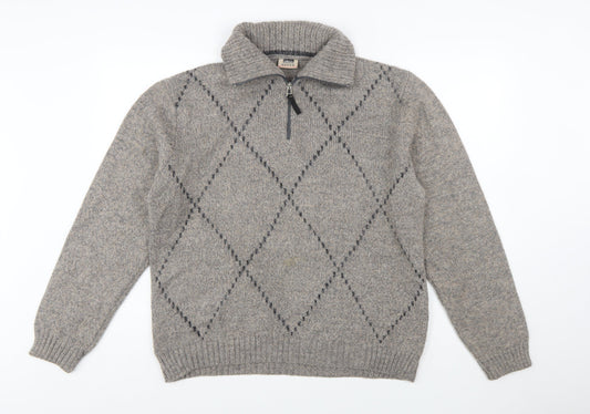 Rodes Sportswear Men's Grey Argyle Wool Blend 1/4 Zip Jumper M