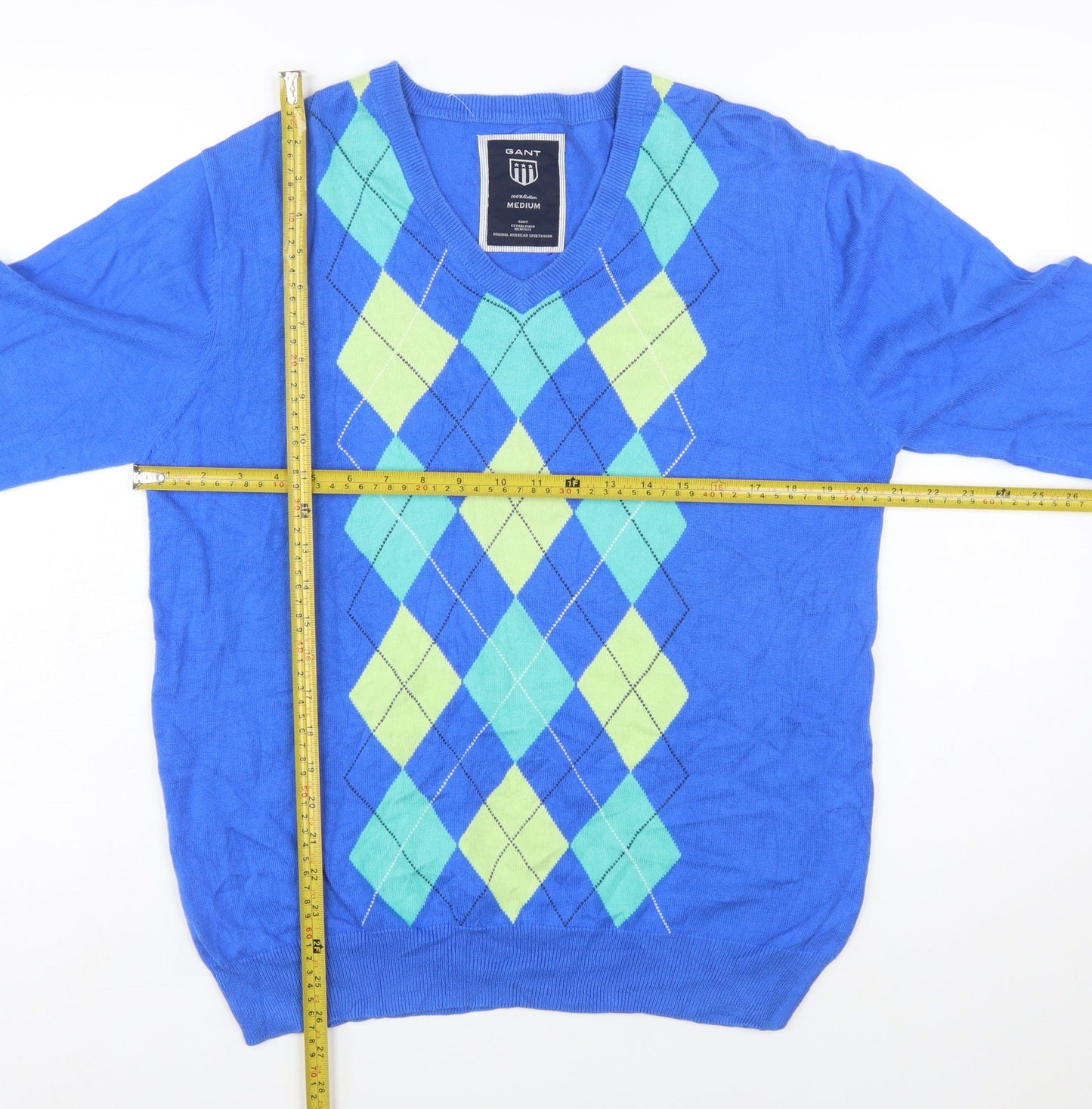 GANT Men's Blue Argyle V-Neck Cotton Pullover Jumper Size M