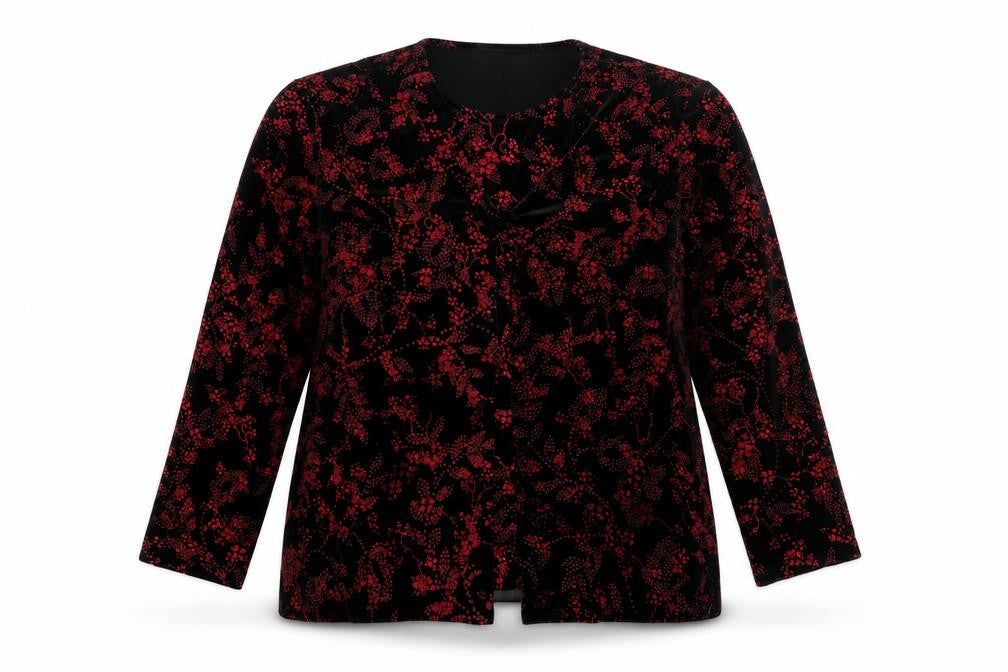 Notations Womens Black Red Velvet Floral Long Sleeve Tunic Blouse L