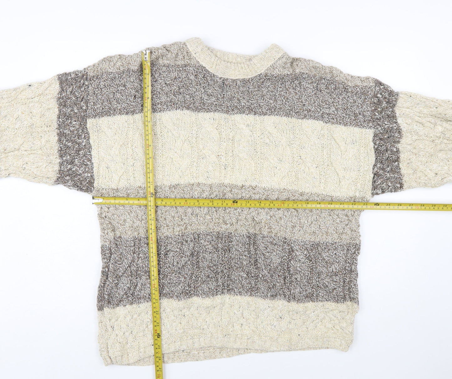 Old Glory Men’s Beige Cable-Knit Cotton Wool Jumper Large