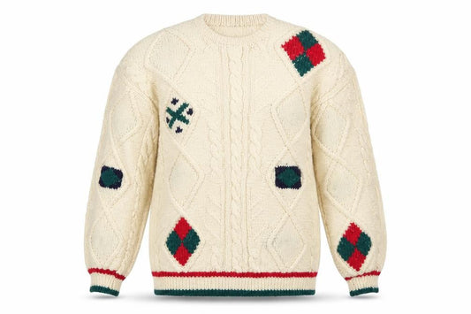 Boundary Waters Men's Ivory Wool Cable-Knit Argyle Jumper XL