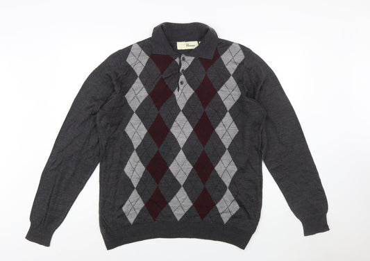Penmans Men's Grey Argyle Collared Henley Jumper Size M