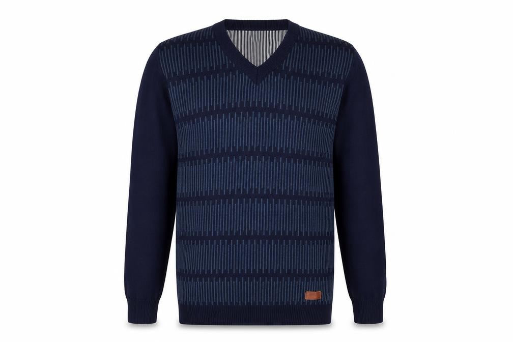 Teknotex Men's Blue V-Neck Geometric Knit Jumper Size L