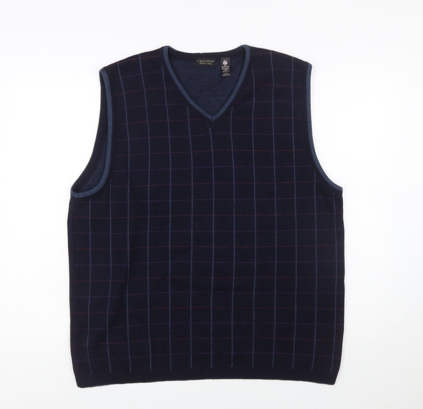 Cellini Men Blue Pure Wool Checked V-Neck Vest L