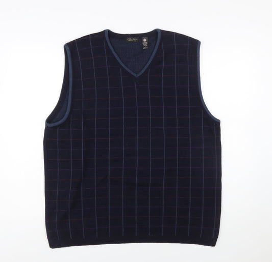 Cellini Men Blue Pure Wool Checked V-Neck Vest L