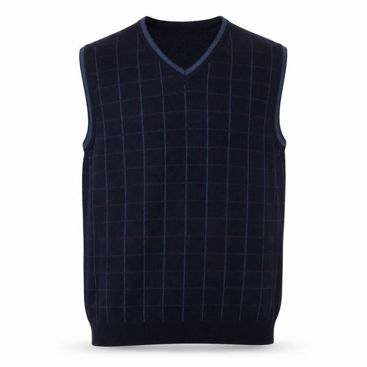 Cellini Men Blue Pure Wool Checked V-Neck Vest L