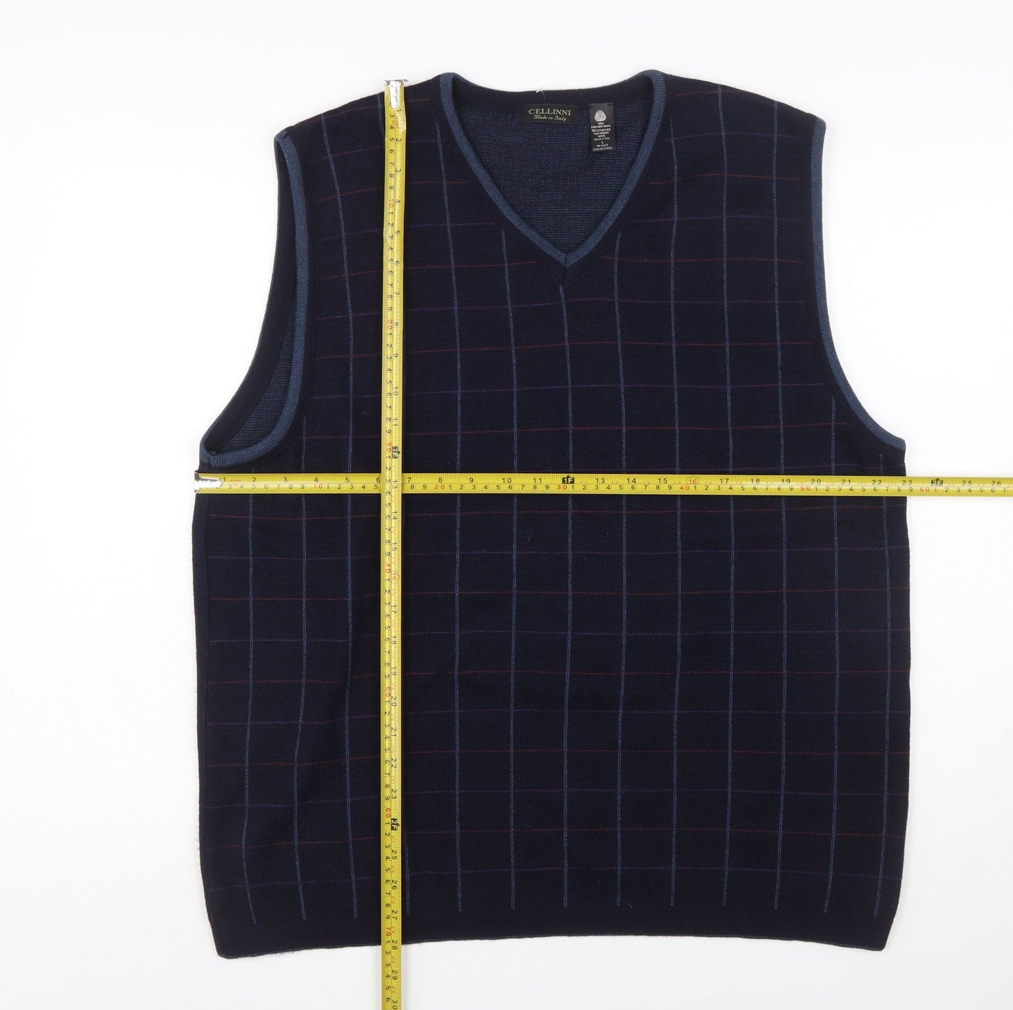 Cellini Men Blue Pure Wool Checked V-Neck Vest L