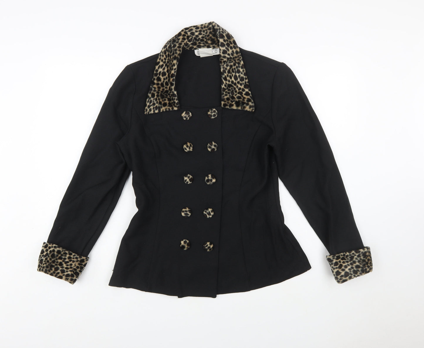 Studio C Women’s Black Leopard Trim Double-Breasted Blazer Size 10