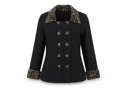 Studio C Women’s Black Leopard Trim Double-Breasted Blazer Size 10