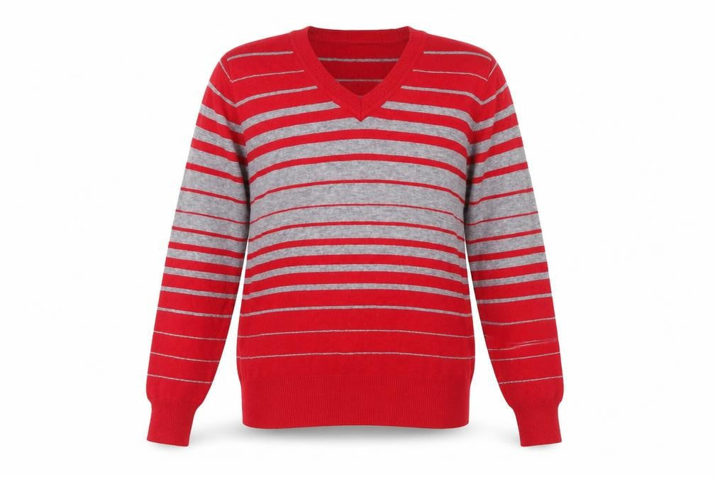 Wansili Women's Red Grey Striped V-Neck Knit Jumper M