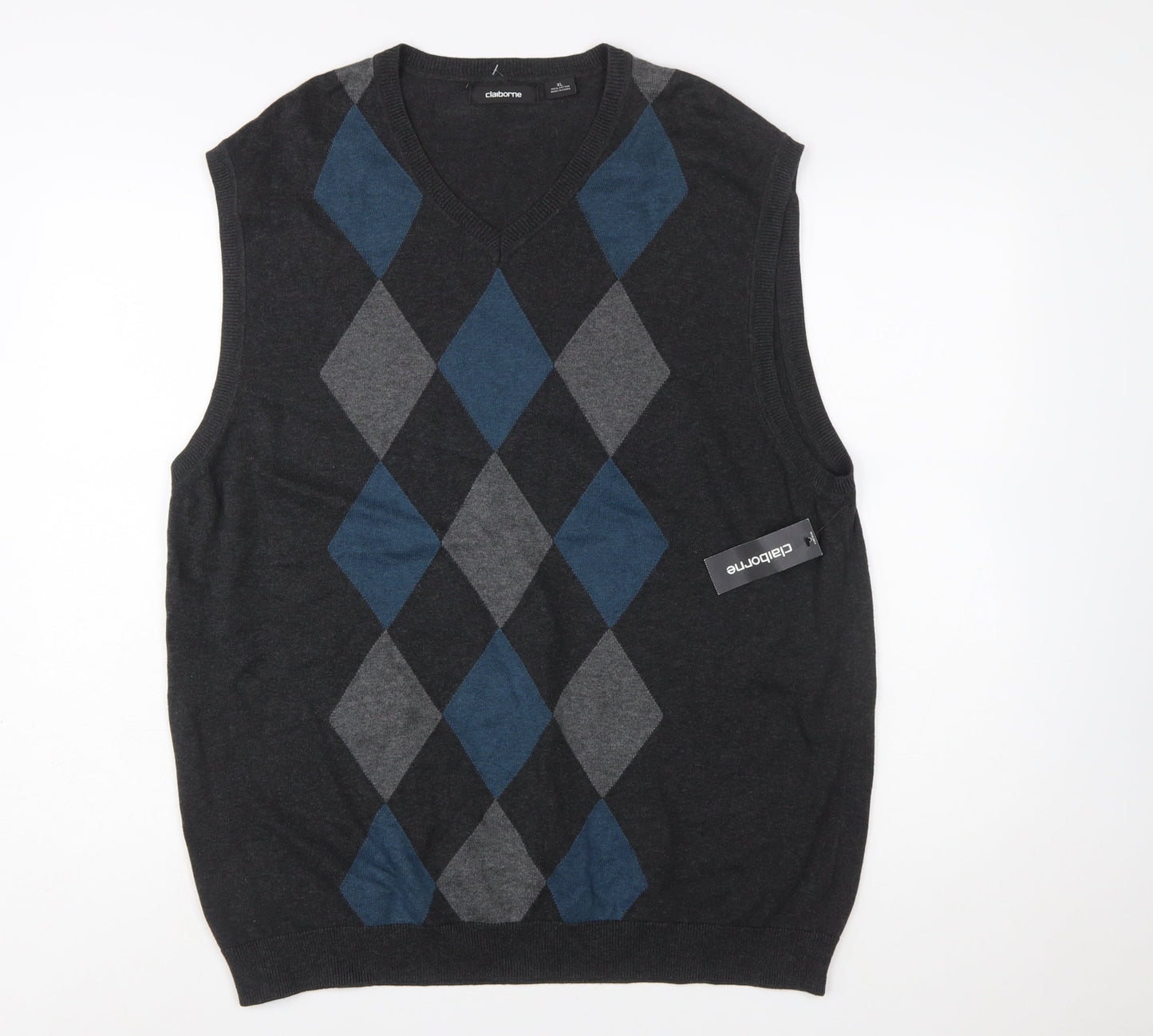 Claiborne Men's Grey Argyle Knit Cotton Sleeveless V-Neck Vest XL