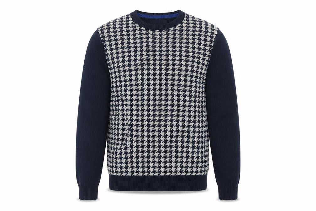 Nautica Men Blue Houndstooth Cotton Crew Neck Pullover Jumper Size L