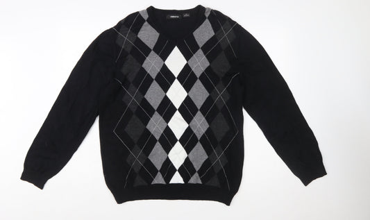 Claiborne Men's Black Argyle V-Neck Cotton Jumper Size M