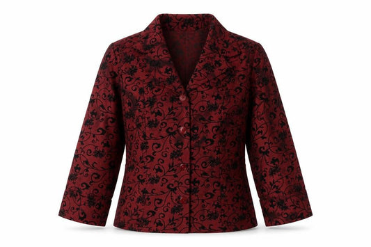 Puli Womens Red Black Floral Velvet Blazer Size 6/36 Velvet Patterned Jacket