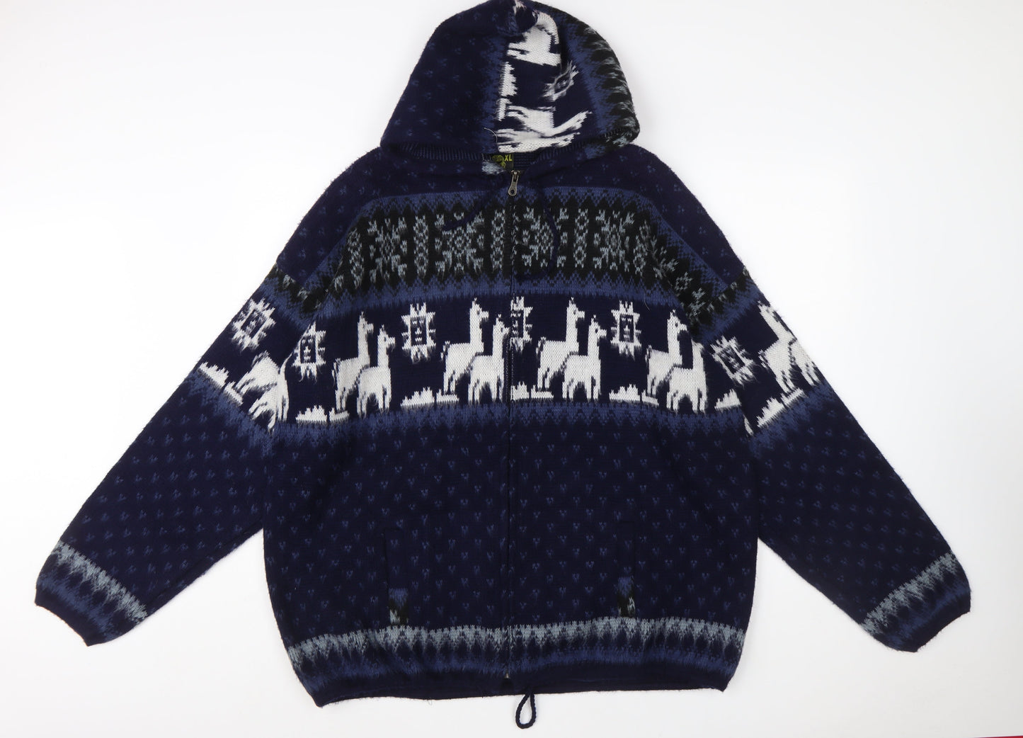 Rumiñahui Men Blue Alpaca Full Zip Hooded Llama Knit Jumper XL
