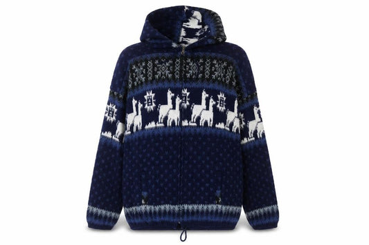 Rumiñahui Men Blue Alpaca Full Zip Hooded Llama Knit Jumper XL