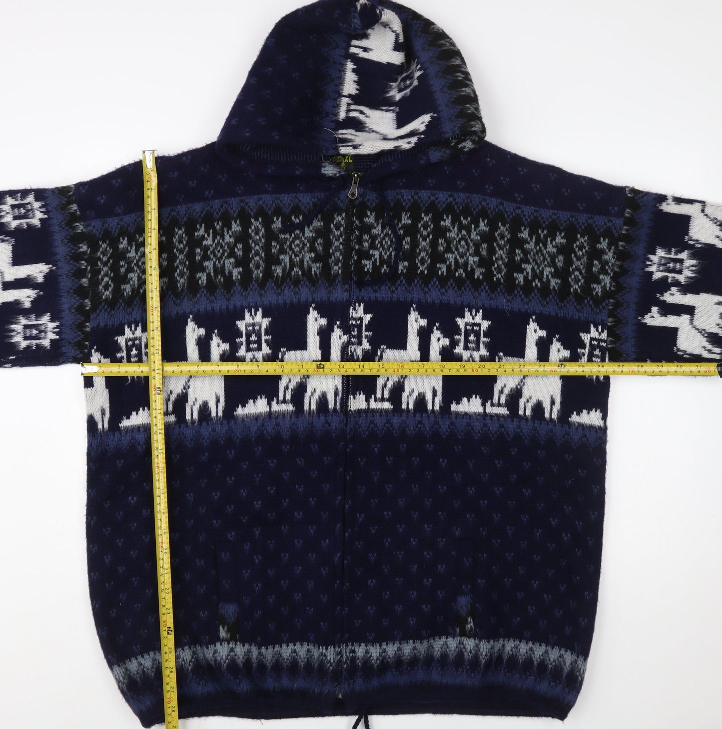 Rumiñahui Men Blue Alpaca Full Zip Hooded Llama Knit Jumper XL