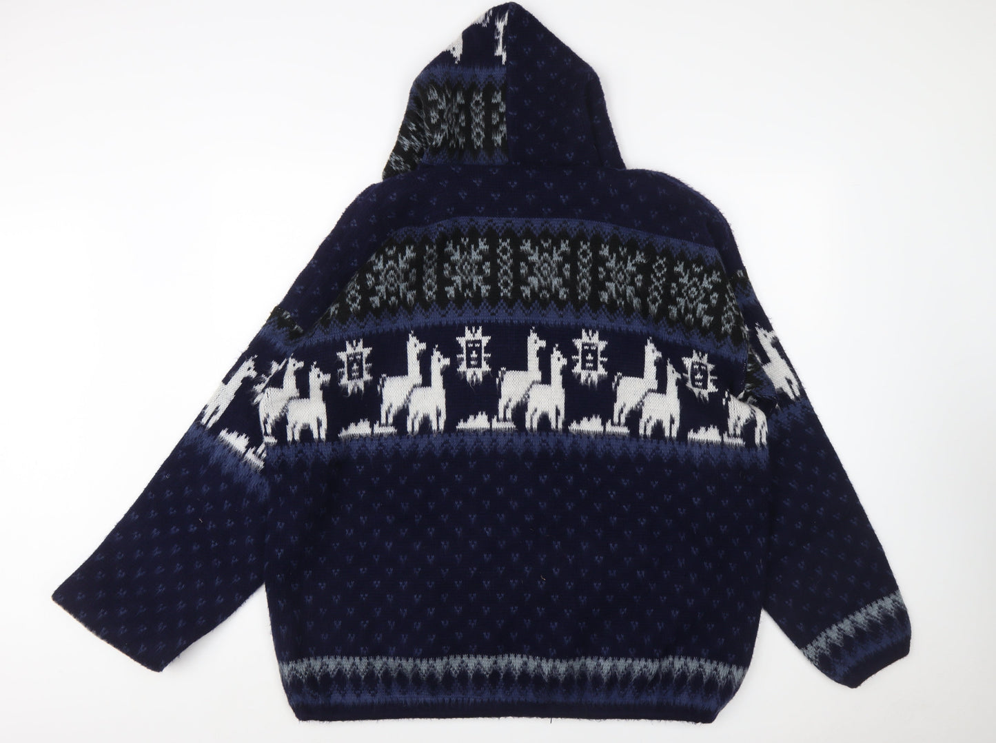 Rumiñahui Men Blue Alpaca Full Zip Hooded Llama Knit Jumper XL