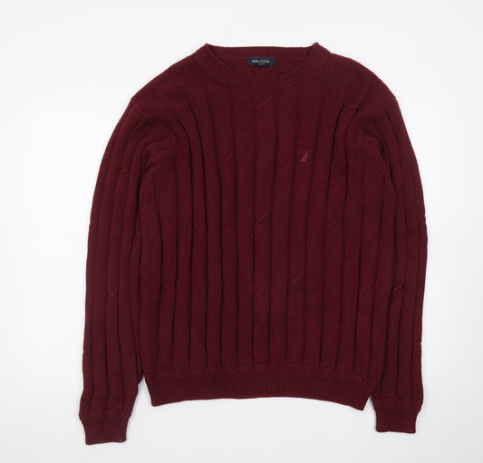 Nautica Men's Red Cotton Cable-Knit Crew Neck Jumper L
