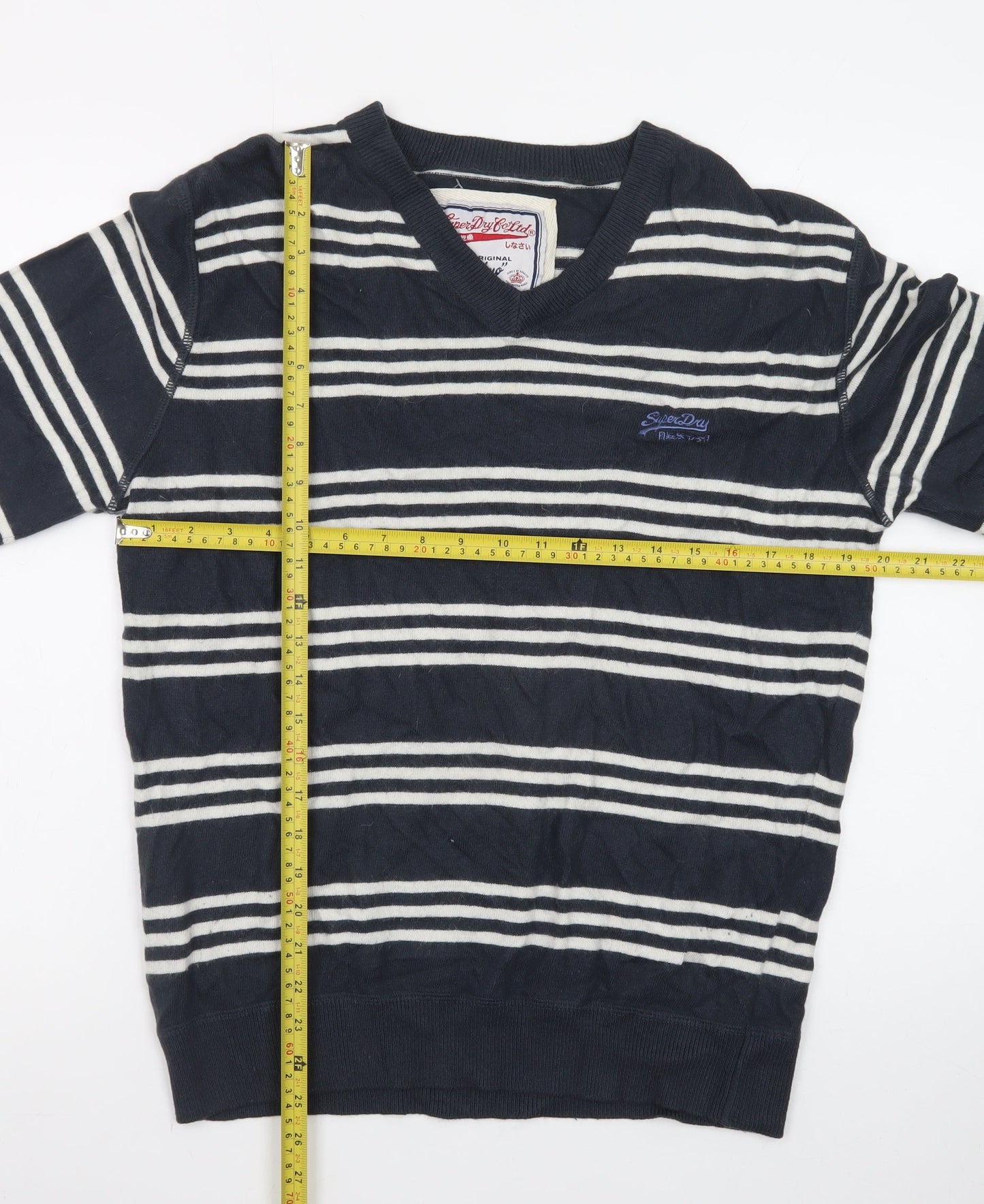 Superdry Men's Blue Striped V-Neck Cotton Jumper Size M