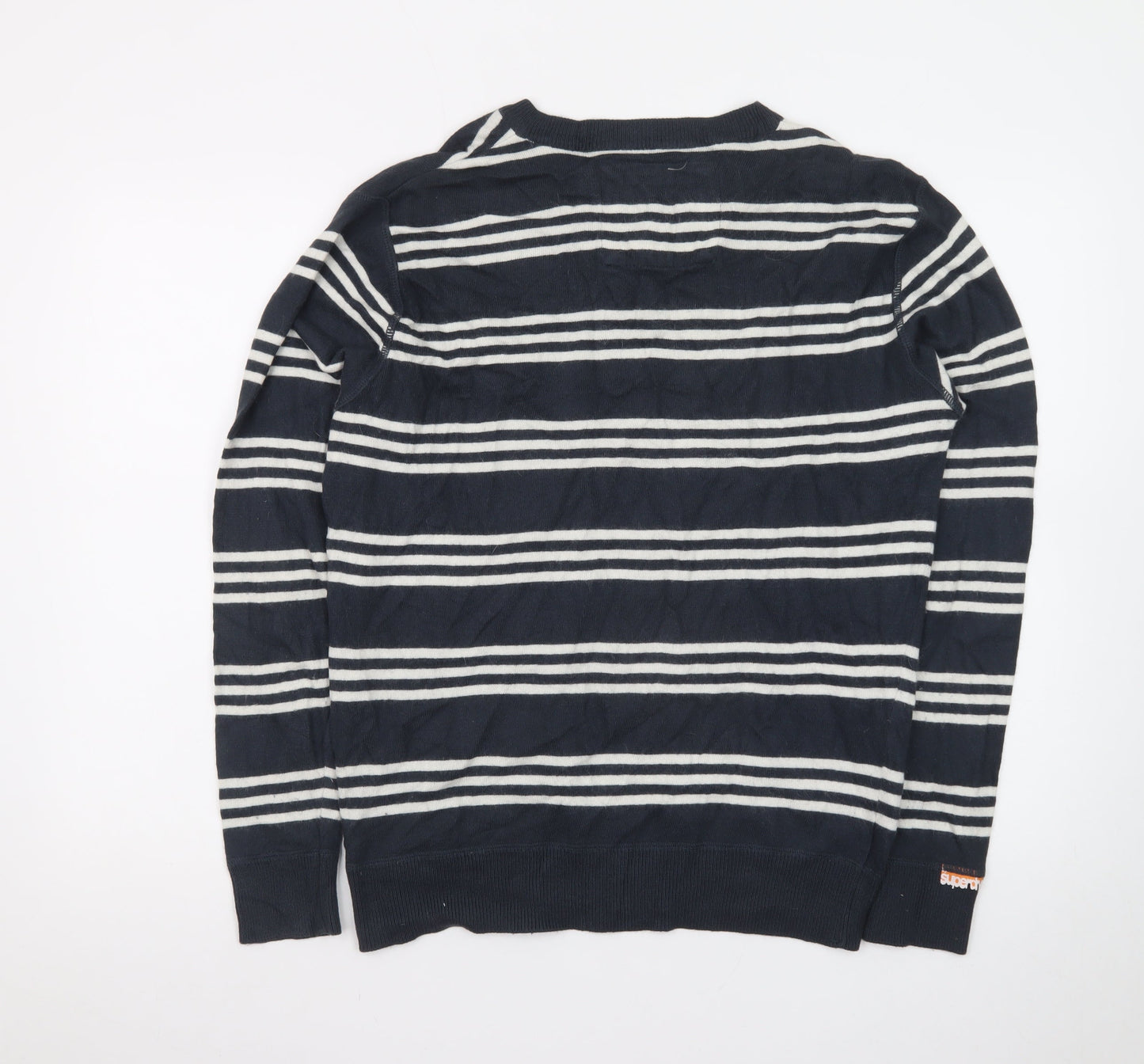 Superdry Men's Blue Striped V-Neck Cotton Jumper Size M