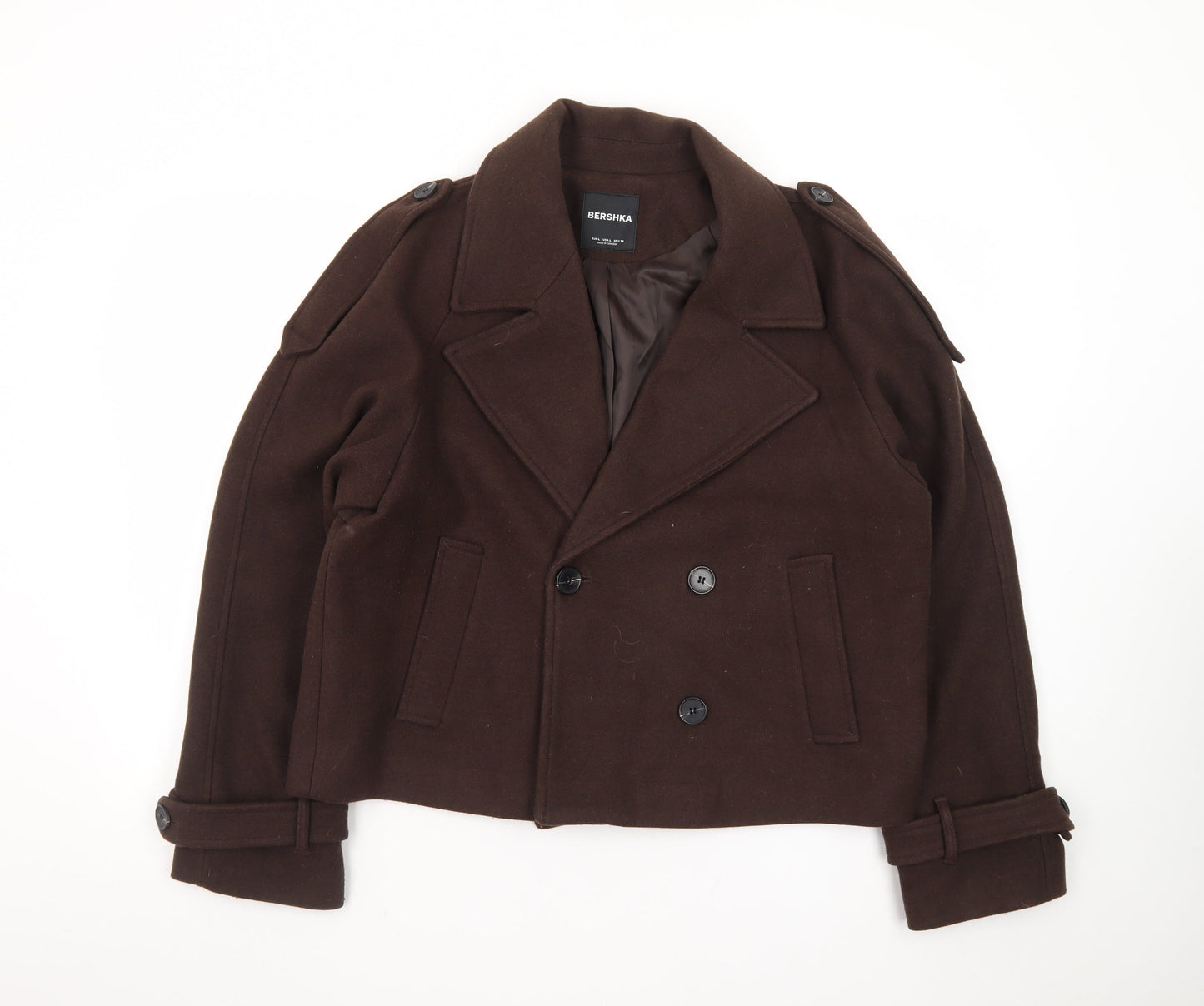 Bershka Women's Brown Wool Pea Coat Size 14 Cropped Buttoned Jacket