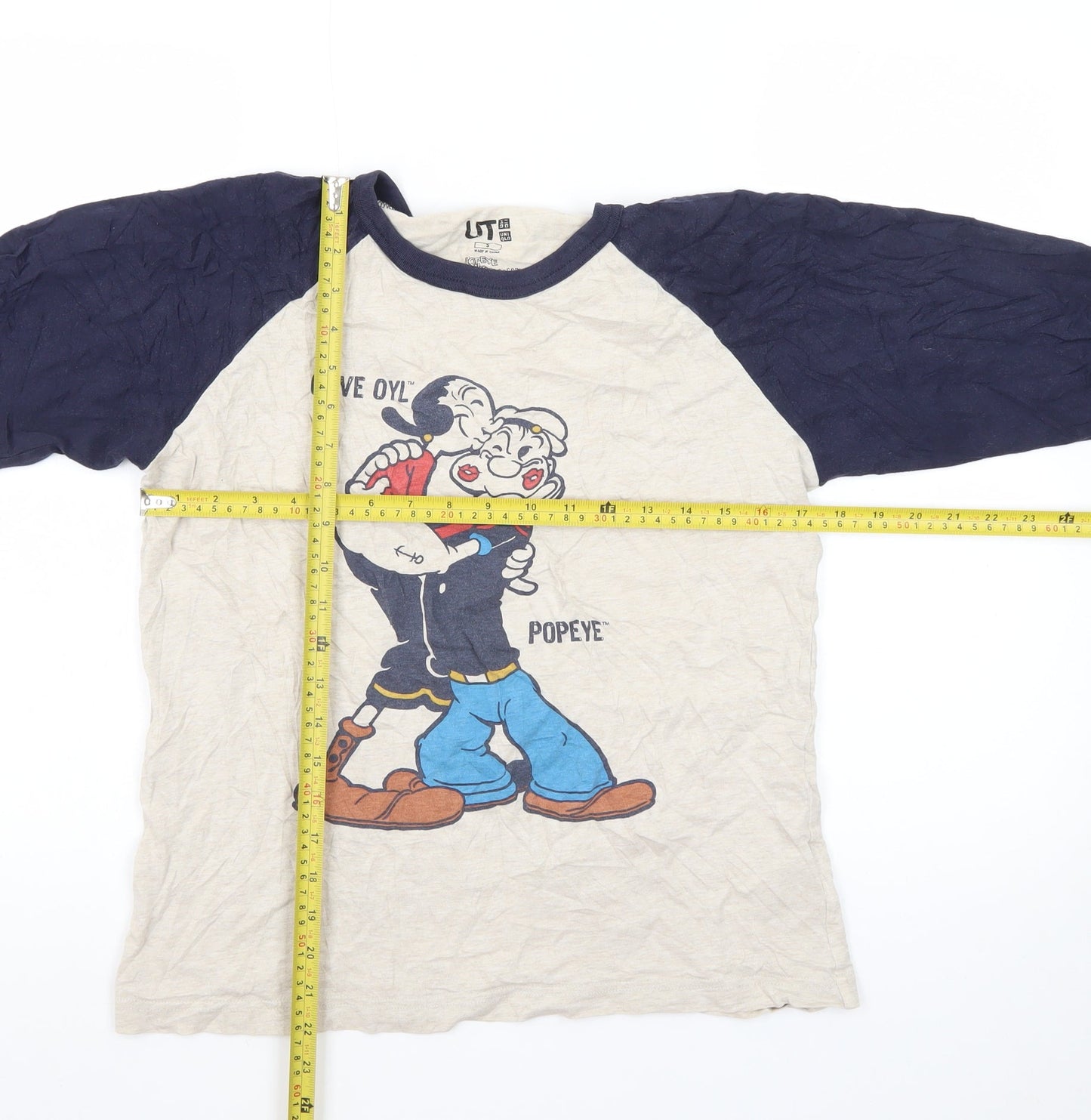 Uniqlo Men Beige Navy Popeye Graphic 3/4 Sleeve T-Shirt Size S
