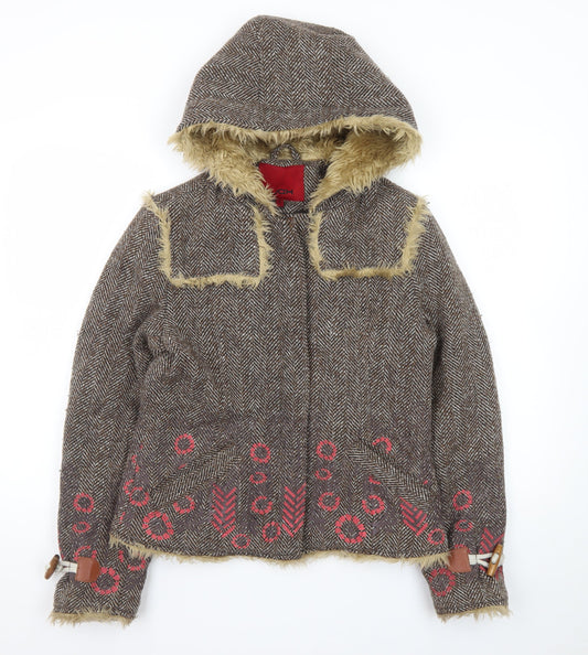 Wax Women's Brown Faux Fur Hooded Tweed Jacket Size 12