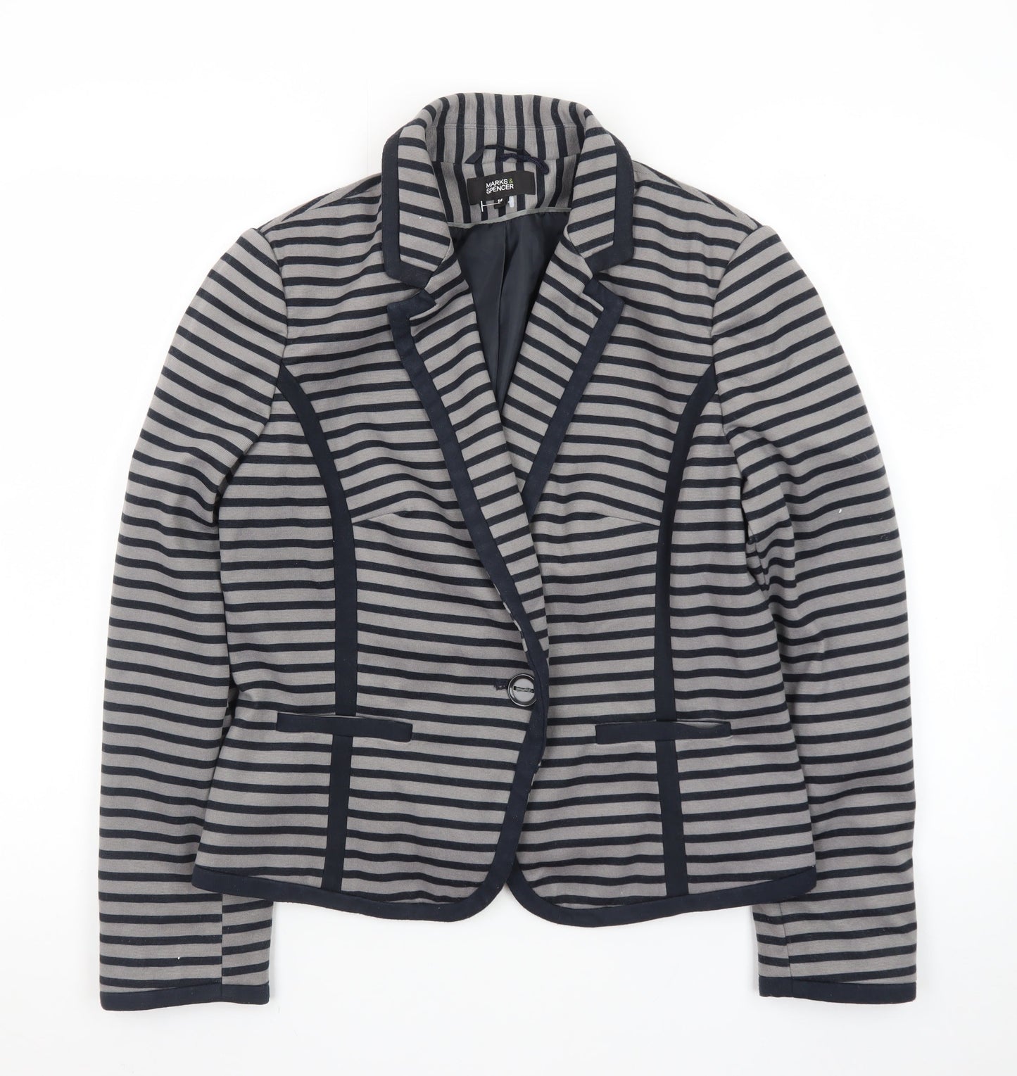 Marks and Spencer Women Grey Striped Blazer Size 14 Classic Style