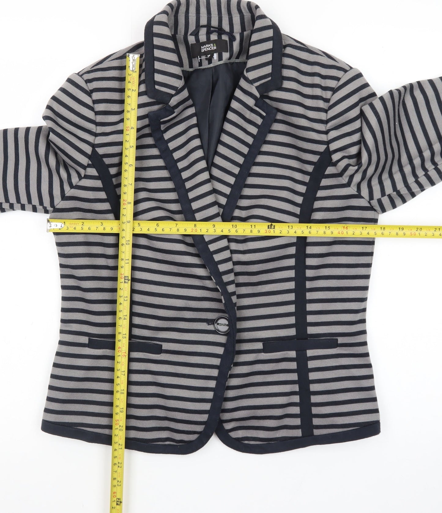 Marks and Spencer Women Grey Striped Blazer Size 14 Classic Style