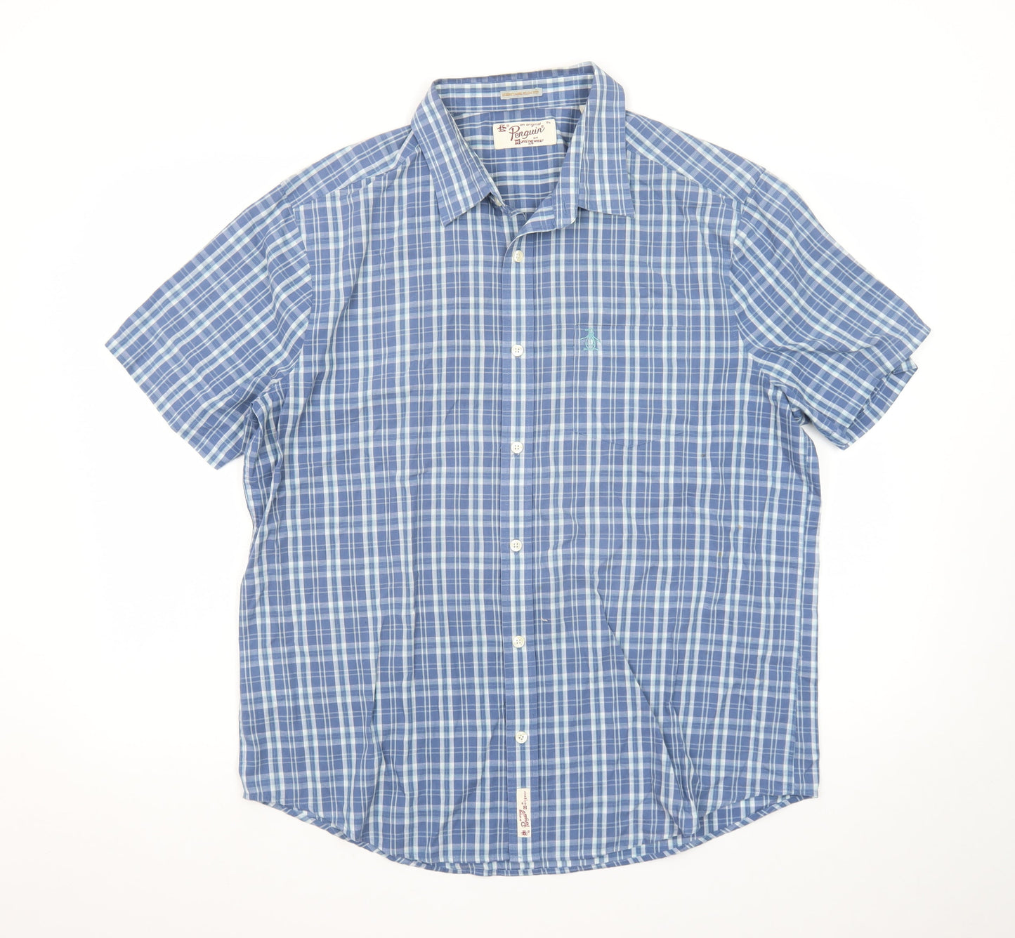 Original Penguin Men’s Blue Check Short Sleeve Slim Fit Shirt XL