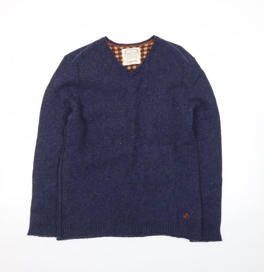 White Stuff Men's Blue Wool V-Neck Pullover Jumper Medium