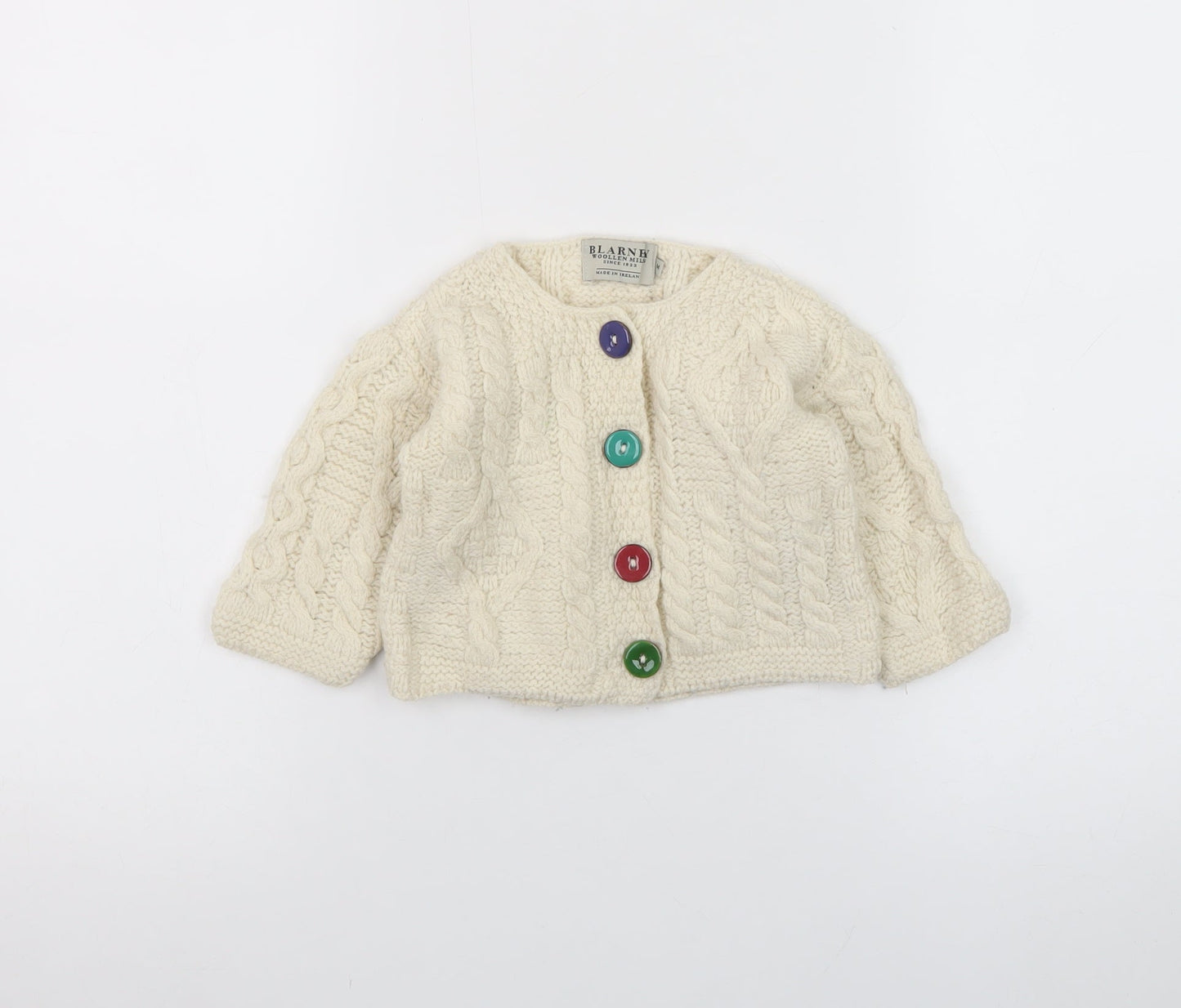 Blarney Woollen Mills Ivory Baby Aran Knit Wool Cardigan 6-9 Months