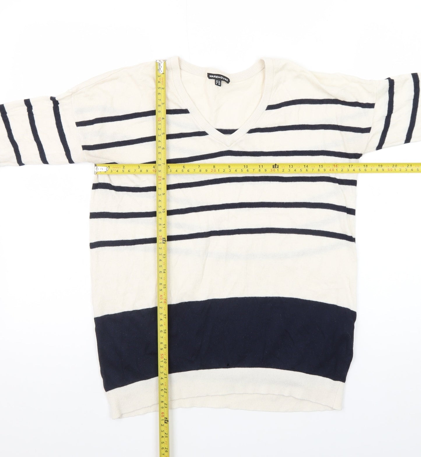 Warehouse Women’s Multicoloured Striped V-Neck Cotton Jumper Size 12