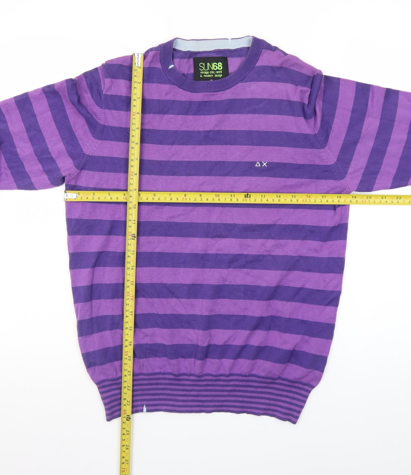 SUN68 Men's Purple Striped Cotton Crew Neck Jumper Size S