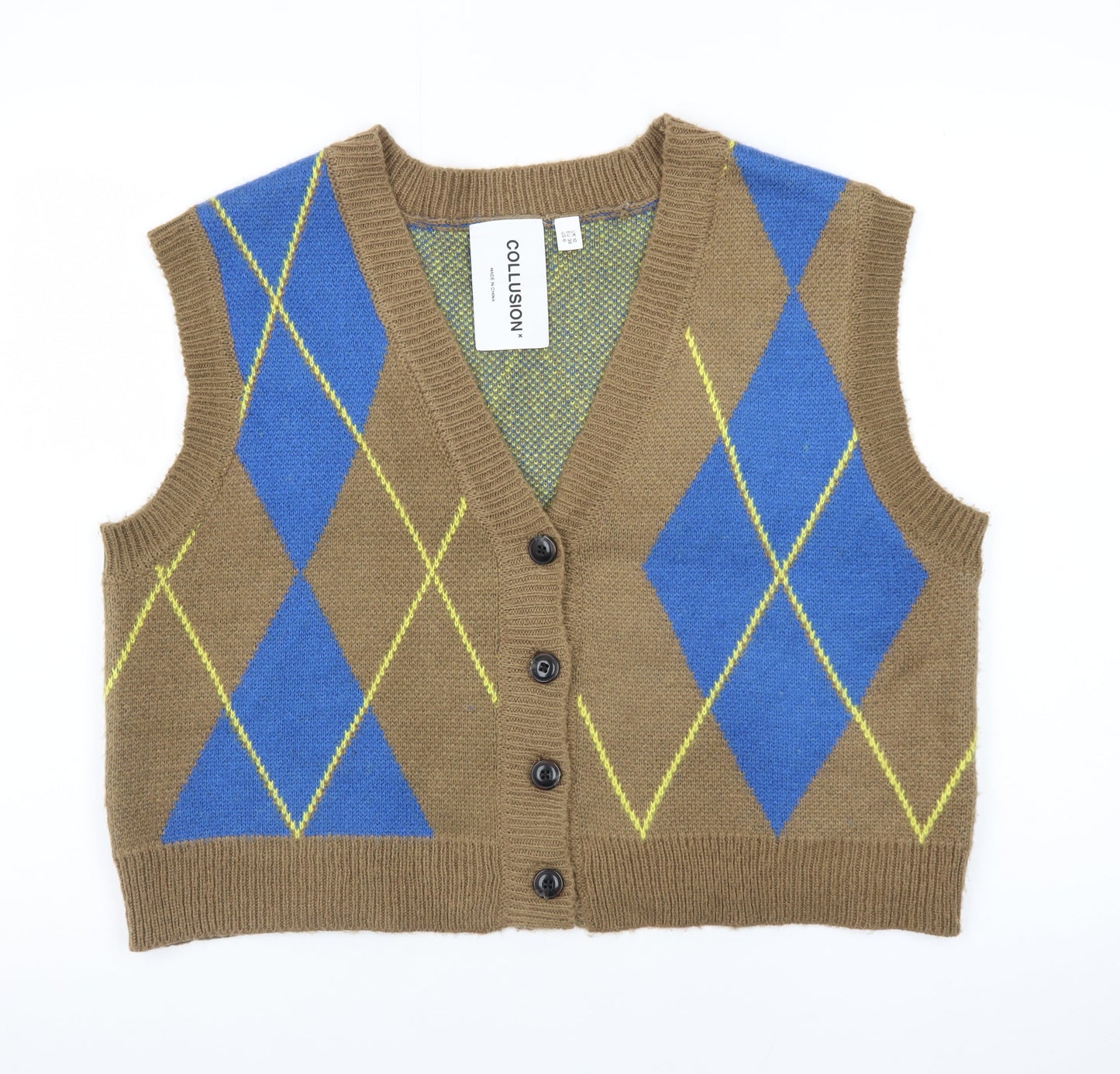 Collusion Brown Argyle Knit V-Neck Vest Unisex S Acrylic Retro Style