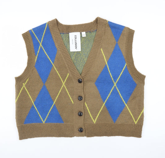 Collusion Brown Argyle Knit V-Neck Vest Unisex S Acrylic Retro Style