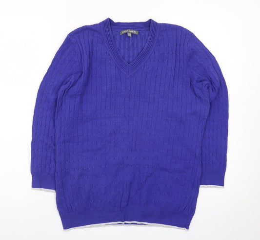 Laura Ashley Women's Blue V-Neck Cotton Cable Knit Jumper Size 12