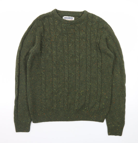 Threadbare Men's Green Cable-Knit Crew Neck Jumper Size M
