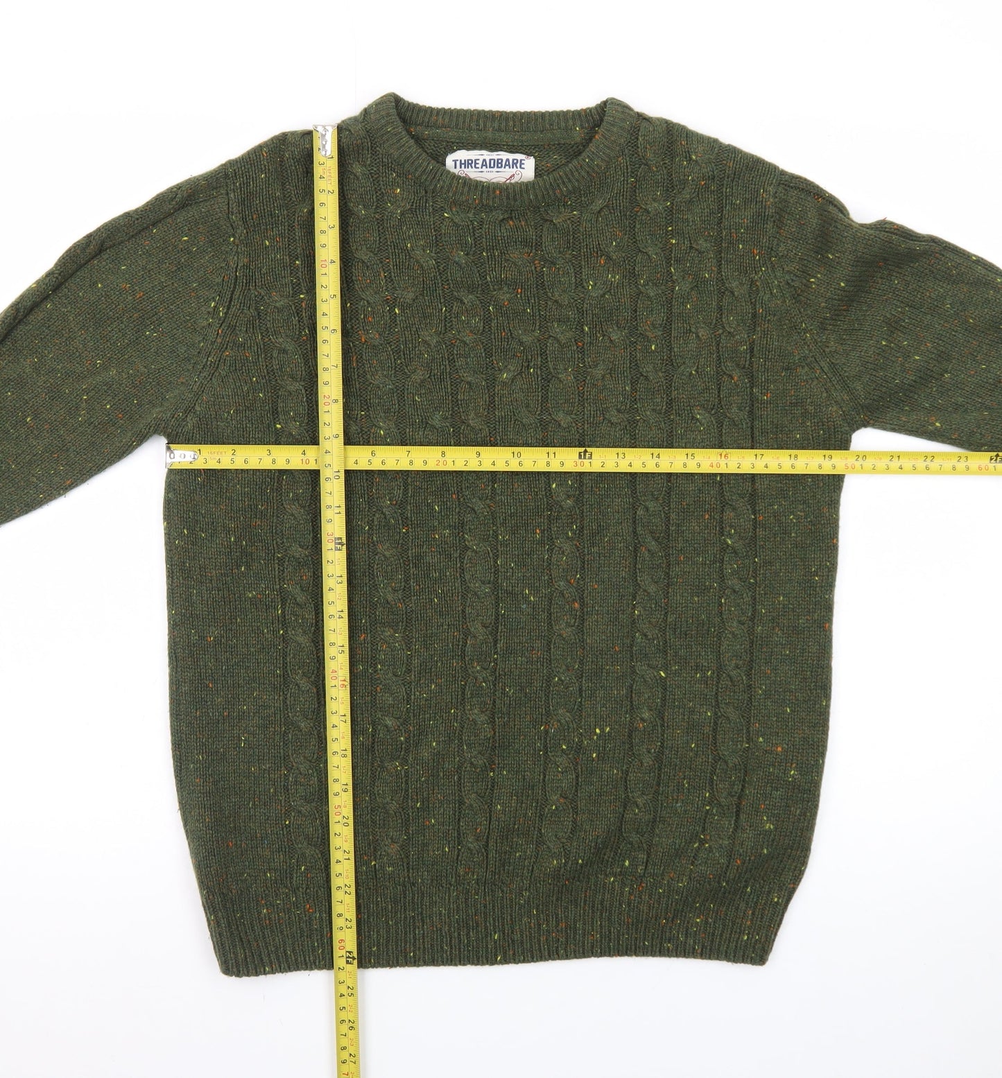 Threadbare Men's Green Cable-Knit Crew Neck Jumper Size M